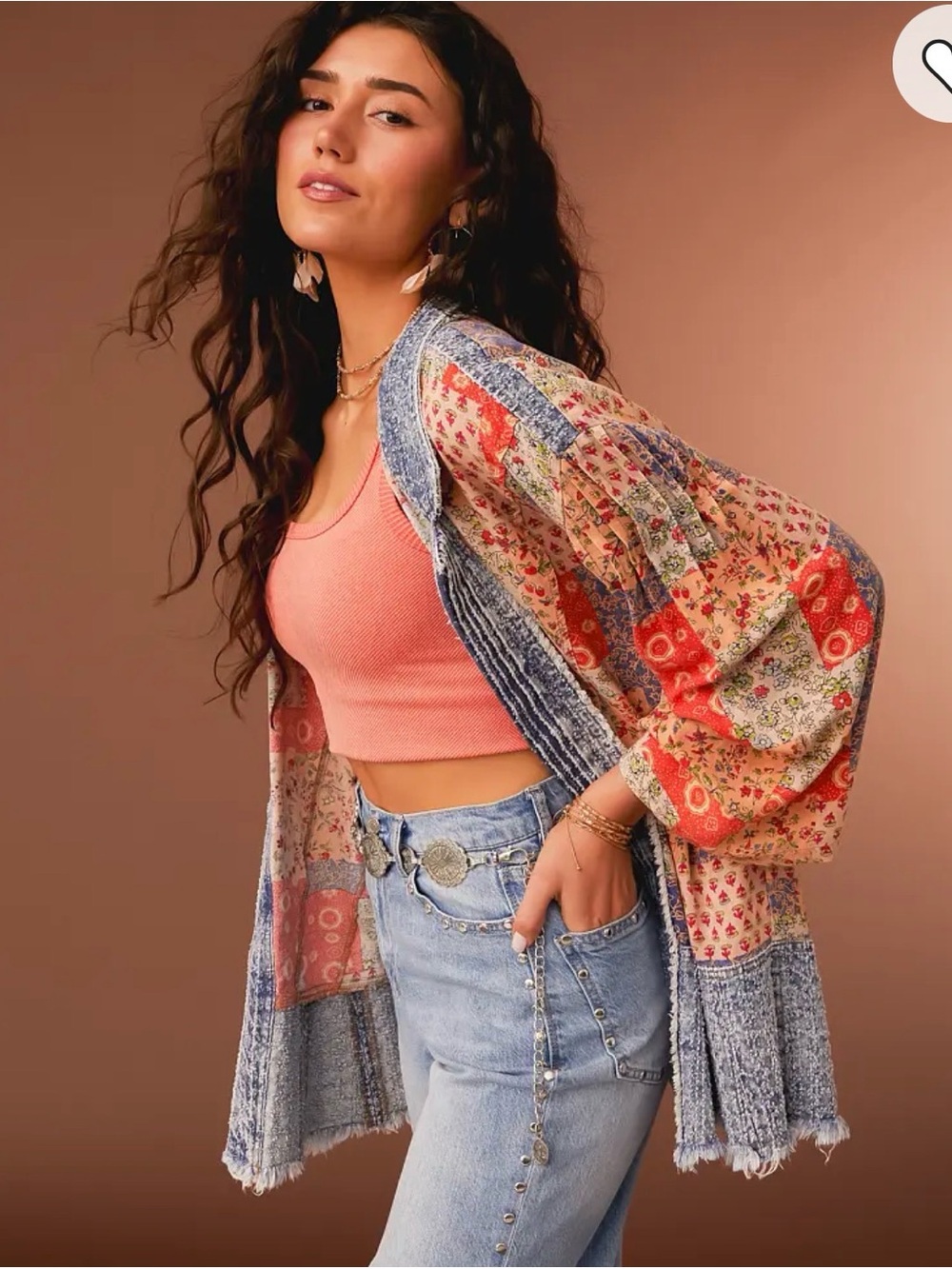 Gimmicks Women’s Floral Patchwork Kimono with Coral Ribbed Crop Tank
